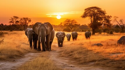 Fototapeta na wymiar A Herd Of Elephants Walking Across A Dry Grass Field At Africa