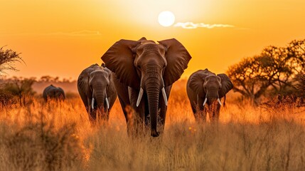 A Herd Of Elephants Walking Across A Dry Grass Field At  Africa