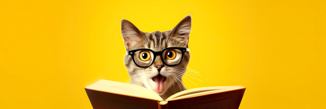 Funny cat in eyeglasses reading a book on yellow background. A cat with a book shows its tongue. A nerd kitten with a place for your advertising. Background for the cover of notebooks, advertising gla