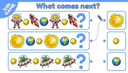 What comes next is. Game for education kids. Choose space object and complete pattern. Educational puzzle for the development logic in children. Cartoon astronauts, planets, rockets and aliens. Vector