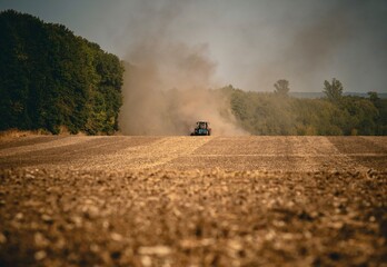 Red tractor sowing in a dusty field - obrazy, fototapety, plakaty