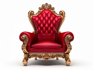 Fotobehang Golden luxury throne with red velvet cushion, gold royal chair isolated on white © BackgroundHolic