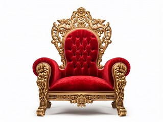 Golden luxury throne with red velvet cushion, gold royal chair isolated on white - obrazy, fototapety, plakaty