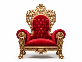 Fotobehang Golden luxury throne with red velvet cushion, gold royal chair isolated on white © BackgroundHolic