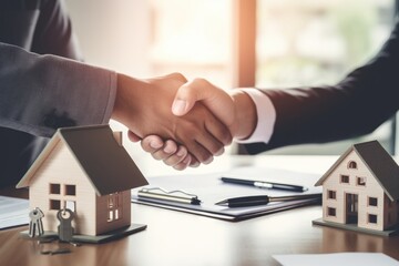 Bank loan officer shakes hands with customer to Congratulations after home loan approval. Generative ai