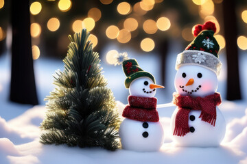Snowman couple next to a Christmas tree, Generative AI