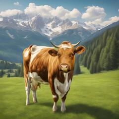 Fototapeta na wymiar A cow grazes on a green meadow in a mountainous area