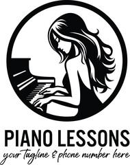 Girl playing piano logo template vector illustration, Female pianist, woman playing piano, piano music teacher logo stock vector image