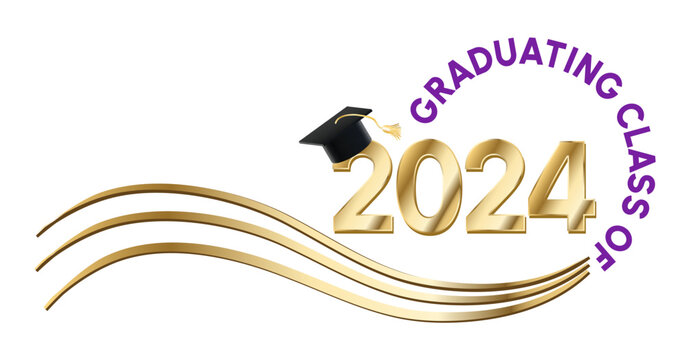 White background - Graduating Class of 2024 in purple text in a circle around the year. 2024 is in Gold text. A Graduation cap with a gold tassel sits on top of the year. Wavy golden lines accent.