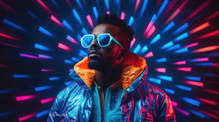 urban man with colorful jacket and sunglasses against abstract neon background.