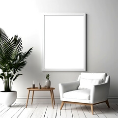 Mockup of an empty and blank vertical frame. Modern minimalism, Scandinavian style living room interior.