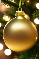 Golden-Yellow Christmas ornament hanging on a Christmas tree, Generative AI