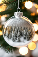 Glass Christmas ornament with Christmas trees reflected inside, Generative AI