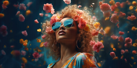 young woman with orange blonde curly hair and sunglasses