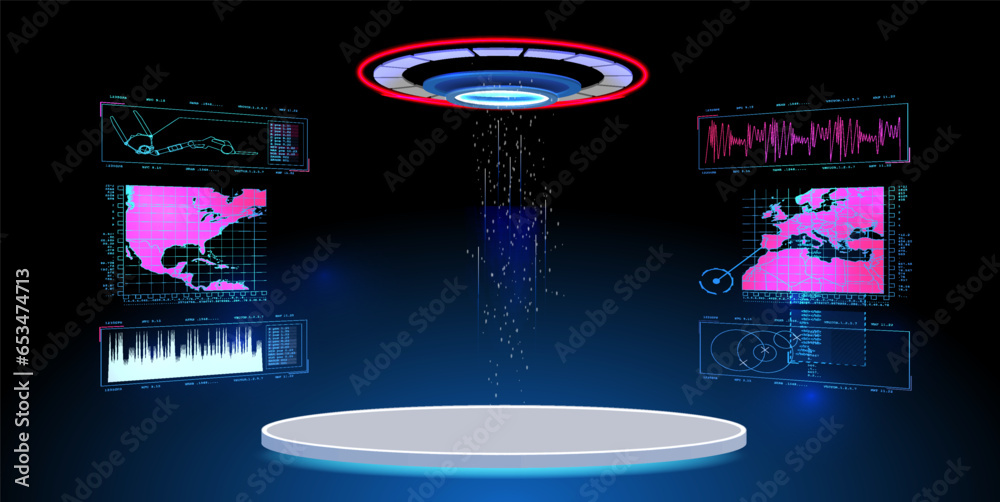 Poster sci-fi empty pedestal with hud interface in cyberpunk style for ui, games, gui and product presentat