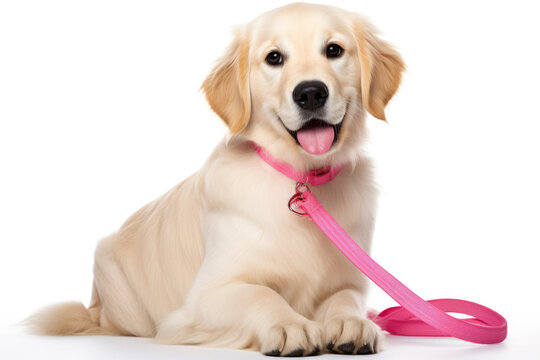 Picture of dog wearing pink leash against white background. Perfect for pet-related designs and promotions