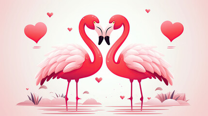 Two pink cartoon flamingos touching making a heart shape over white background. with floating hearts. To symbolize love and romance. Valentines Day Card 