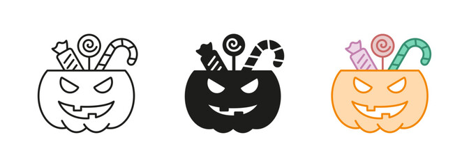 Pumpkin with Candies Line and Silhouette Icon Set. Halloween Basket for Sweet Candy Black and Color Symbol Collection. Treat or Trick Halloween Pumpkin Bucket Pictogram. Isolated Vector Illustration