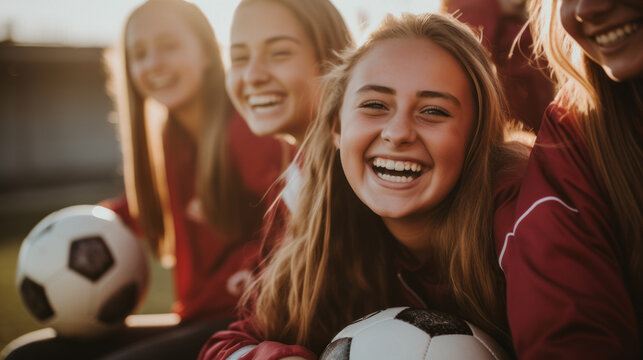 Happy football team of tween girls celebrating together