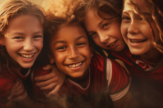 Close Up Of Happy Football Team Of Girls Celebrating Together