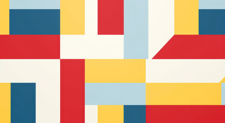 Blocky geometric shapes in red, blue and ochre