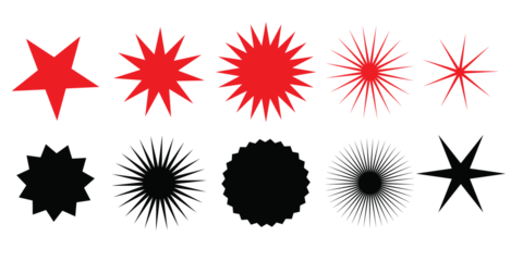 Set of red starburst. Price sticker, sale sticker, price tag, starburst, quality mark, retro stars, sale or discount sticker, sunburst badges, sun ray frames, promotional badge set, shopping labels