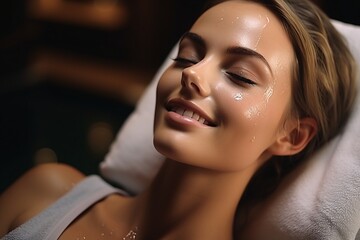 Beautiful young woman with facial mask at spa salon, closeup Beautician makes facial massage with mask.