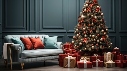 A cozy living room lighted with numerous lights decorated ready to celebrate Christmas. Christmas room interior design, Xmas tree decorated by lights, candles and garland lighting indoors fireplace.