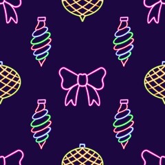 Neon Christmas Seamless Pattern, Colorful Bows and Decorations. glowing desktop icon, neon sticker, neon figure, glowing figure, neon geometrical figures 