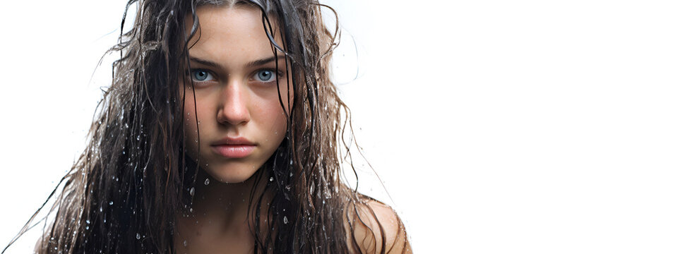 Beautiful young woman with long wet hair after a shower, on a white background