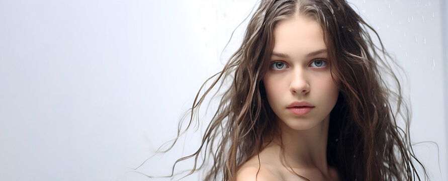 Beautiful young woman with long wet hair after a shower, on a white background