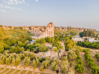 Naklejka premium Aspendos Ancient City. Aspendos acropolis city ruins, cisterns, aqueducts and old temple. Aspendos Antalya Turkey. turkiye turkiye, GO Everywhere