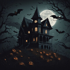 Creepy Haunted House with Full Moon, Bats Flying Overhead, Night, Horror, Halloween