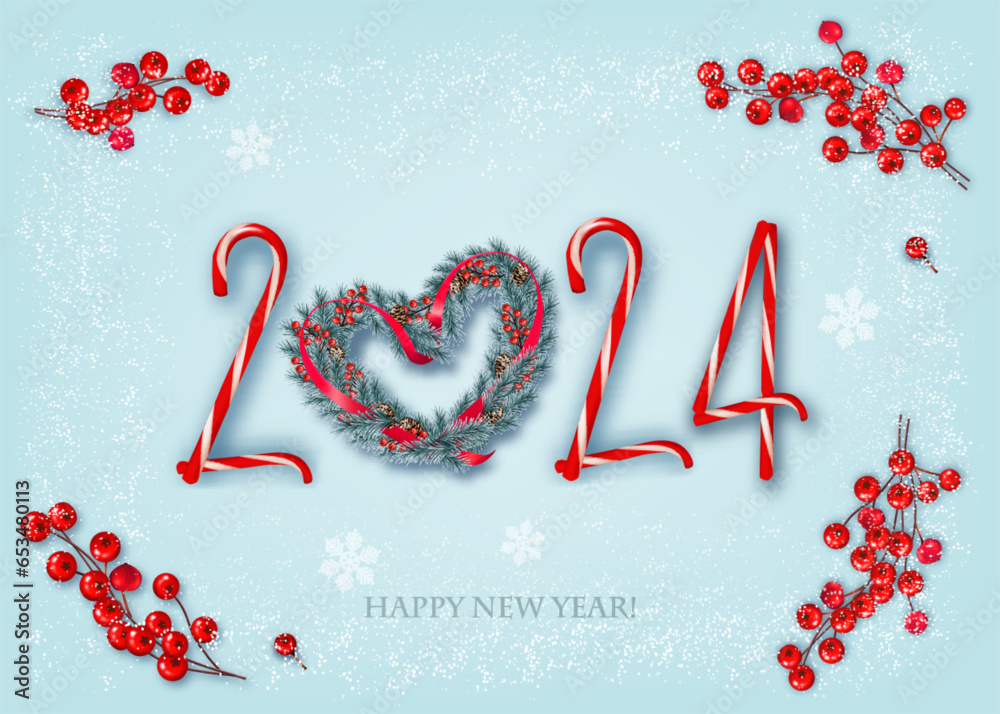 Poster merry christmas and happy new year background with a 2024, branches of christmas tree the shape of a