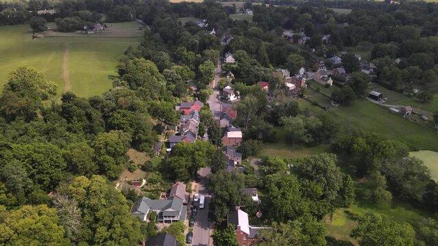 Countryside outside Washington DC. The historic old town of Waterford as seen from a drone.
