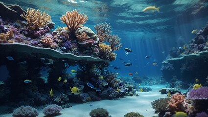 Beautiful fantasy colorful coral reef with fishes. Natural habitat and environment protection concept. Summer travel and tropic idea. With copy space.