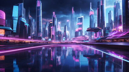 Cityscape of futuristic megalopolis. Advance civilization concept. Creative background. With copy space.