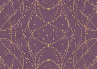Hand-drawn unique abstract symmetrical seamless gold ornament on a purple background. Paper texture. Digital artwork, A4. (pattern: p10-2a)