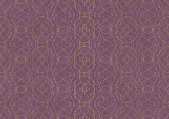 Fototapeta premium Hand-drawn unique abstract symmetrical seamless gold ornament on a purple background. Paper texture. Digital artwork, A4. (pattern: p10-2c)