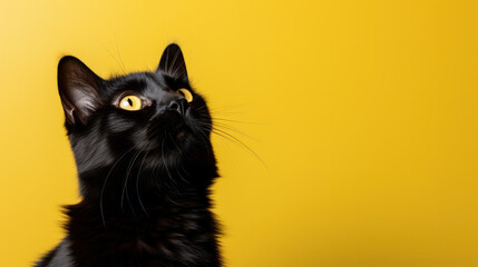 Cute gray cat on light yellow background. Banner with pet and space for text