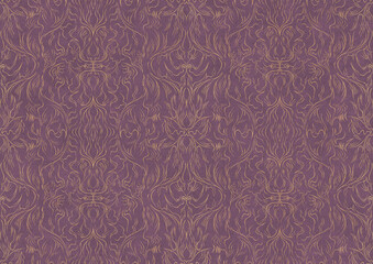 Hand-drawn unique abstract symmetrical seamless gold ornament on a purple background. Paper texture. Digital artwork, A4. (pattern: p11-1b)