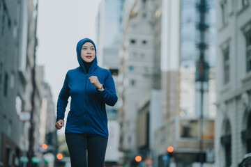 Glad smiling young asian muslim female in hijab with fitness tracker running on building background outdoor. Fitness outside, jogging in morning, body and health care, training, concept muslim sport.