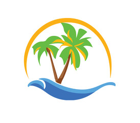 Oasis landscape sun with palms and water PNG cartoon design