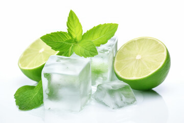 Ice for lime drink, lemon soda or cocktails. Cold limon lemonade. Melting natural or real ice on white isolated background