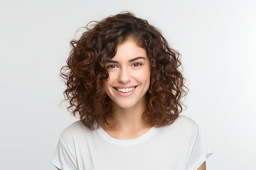 Portrait of beautiful young happy smiling woman, over gray background.