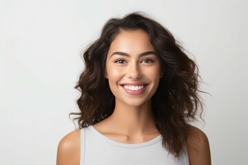 Portrait of beautiful young happy smiling woman, over gray background.