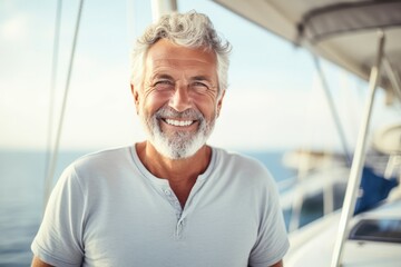 Portrait of a smiling senior man standing on the deck of a yacht