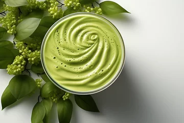 Poster Top view of hot Japanese matcha green tea latte isolated on white background,  © Margo_Alexa