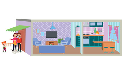 One cut cartoon house and children