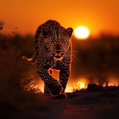 Un léopard adulte marchant dans la savane africaine au lever du soleil, vue de face.